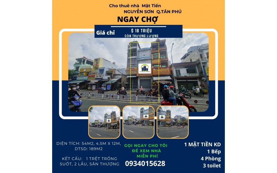 CHÍNH CHỦ- Cho thuê nhà  Mặt Tiền Nguyễn Sơn 54m2, 2 Lầu+ST, 18Triệu